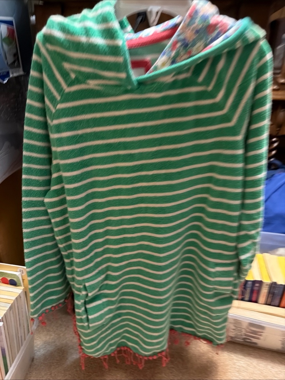 Boden Girls green and white striped terry towelling hoodie cover-up 7/8